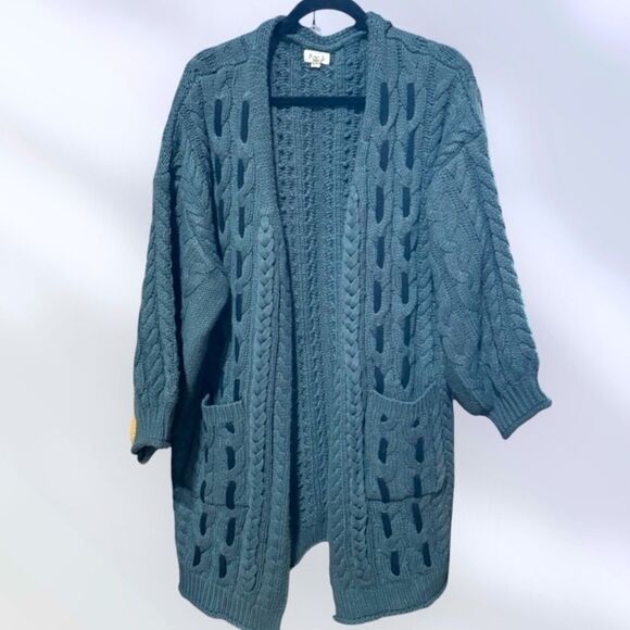 POL Chunky Cable Knit Long Line Slouchy Open Cardigan Sweater Gray S - Picture 1 of 6